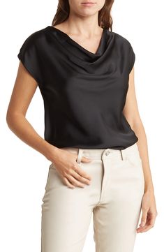 Go from desk to dinner in this lustrous satin top fashioned with a gracefully draped cowl neck and dolman cap sleeves. Cowl neck Cap sleeves 97% polyester, 3% spandex Machine wash, line dry Imported Model stats: 5'10" height, 32" bust, 25" waist, 36" hip. Model is wearing size Small. Black Satin Top Outfit Classy, Draped Neckline Top, Cowl Top Outfit, Satin Cowl Neck Top Outfit, Cowl Neck Top With Sleeves, Spoon Outfits, Satin Top Outfit Classy, Cowl Neck Top Outfit, Satin Top Outfit