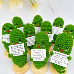 small green crocheted figurines with signs attached to them