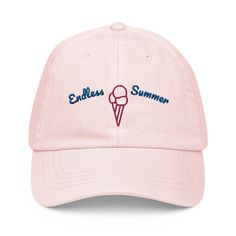 a pink hat with an ice cream cone on the front and blue lettering that says ellen's summer