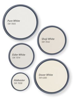 four white paint colors with different names on them