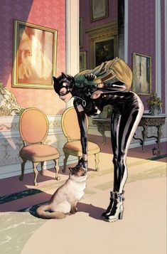 a woman in black catsuit standing next to a cat sitting on top of a dog