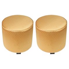 pair of round stools in beige woven fabric