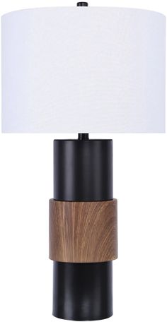 a black and wood table lamp with a white shade