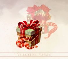 a gift box with a red ribbon wrapped in candy canes and a monster's mouth