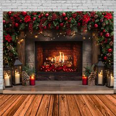 a fireplace decorated with christmas decorations and lit candles