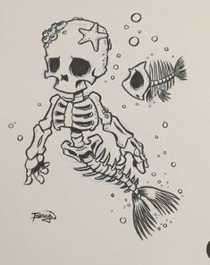 a drawing of a skeleton and fish in the water