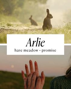 a woman holding her hands up in front of two rabbits and the words ariie have meadow - promise