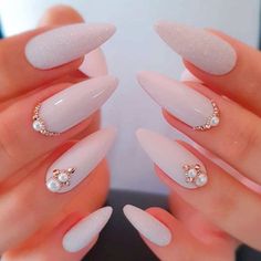 Almond Nails Design Ideas, Stylish Almond Nails, Simple Bridal Nails, White Almond Nails, Nails Design Ideas, Almond Nails Designs, Almond Acrylic Nails