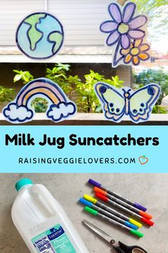 milk jug suncatchers with markers and crayons on the table next to them