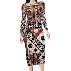 Bula Fiji Long Sleeve Bodycon Dress Unique Masi Tapa Pattern LT14 Long Dress Brown - Polynesian Pride Dress Unique, Sleeve Bodycon Dress, Long Sleeve Bodycon, Long Sleeve Bodycon Dress, Unique Dresses, Family Matching, Anti Wrinkle, Production Process, Polyester Material