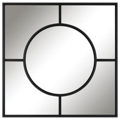 a black and white square mirror with a circular design on the front, against a white background