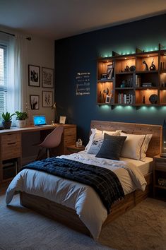 a bedroom with a bed, desk and shelves on the wall in front of it