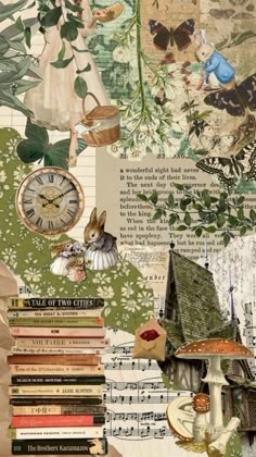 an altered collage with many different things in the background, including books and clocks