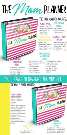 the mom planner is shown in three different colors and font styles, including pink, blue,