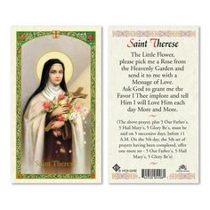 the saint theresa prayer card with an image of jesus holding flowers in her hands and text that reads, saint therese