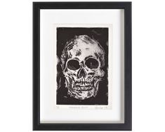 a black and white drawing of a skull with its mouth open, in a frame