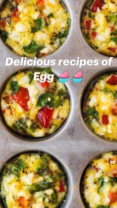 six muffin tins filled with different types of food in each one, including tomatoes and spinach