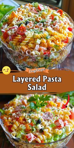 layered pasta salad in a glass bowl