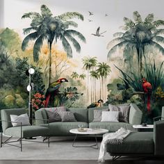 a living room filled with furniture and wallpaper covered in tropical scenes on the walls