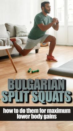 a man squats on the floor in front of a yoga mat and exercise equipment