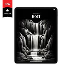 an ipad with the new 9 4 inch display on it's back side, next to a black and white image of a waterfall