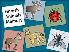 an image of animals that are in the picture with words on them and below it, which reads finnish animals memory