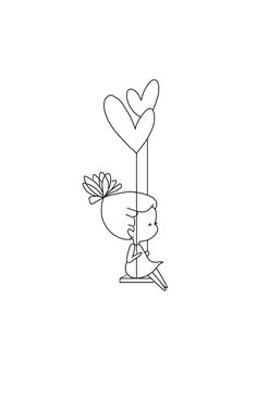 a line drawing of a person holding a heart shaped balloon with the word love on it