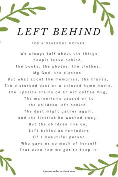 a poem written in green and white with the words left behind on top of it