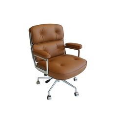 a brown office chair sitting on top of a metal base