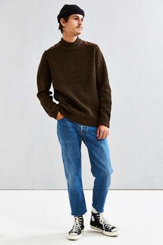 Stussy Mock Neck Military Sweater - Urban Outfitters California Style Men, Mens Street Fashion, House In Winter, Mens Fall Outfits, Urban Sweater, Mens Summer Fashion Beach, Man Sweater, Mens Fashion Dressy, Urban Outfitters Men