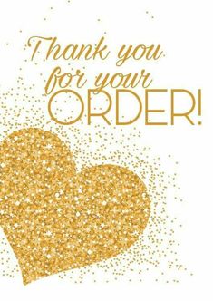 thank you for your order card with gold glitter heart and words on white background that reads, thank you for your order