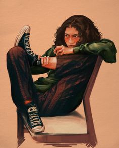 a painting of a person sitting in a chair with their feet on the ground and one leg up