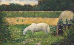 a painting of a white horse grazing in a field