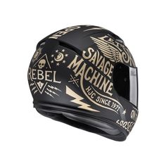 a motorcycle helmet with gold and black designs on it