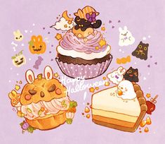 an image of halloween cupcakes and other treats on purple background with words that say happy halloween