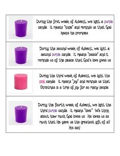 three different types of purple candles with the words, during the first word of adt we