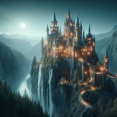 an image of a castle that is on top of a mountain with lights in it