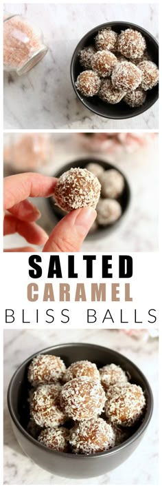 salted caramel bliss balls in a black bowl