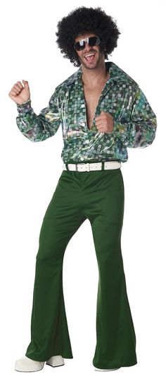 a man with an afro wig and sunglasses on posing for the camera in green pants