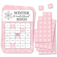 a pink christmas themed game with snowflakes on it and the words winter wonderland bingo