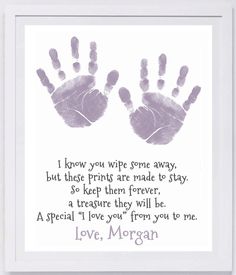 a purple handprint with the words love, morgan on it and an image of two hands