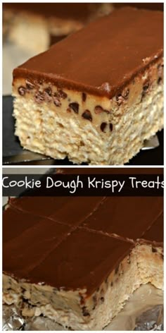 two pictures of cookies dough krispy treats on top of each other, one with chocolate chips and the other without