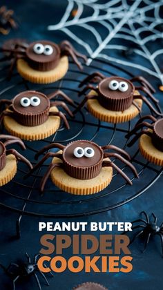 peanut butter spider cookies on a cooling rack with chocolate eyes and webs around them