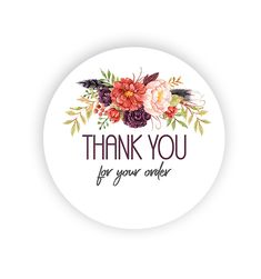 thank you for your order sticker with flowers and feathers on the bottom, in white background