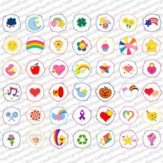 an assortment of colorful stickers on a white background with rainbows, stars and hearts