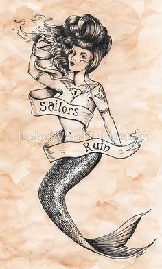 a drawing of a mermaid with a banner on it's back and the words sailors run