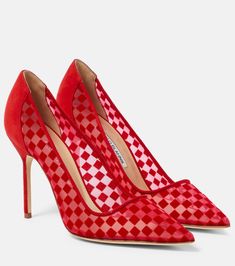 Bbla 105 checked leather-trimmed pumps in red - Manolo Blahnik | Mytheresa Velvet Blazer Outfit, Spring Sunglasses, Minimal Shoes, Manolo Blahnik Heels, Bridal Bag, Manolo Blahnik Shoes, Pumps Heels Stilettos, Evening Shoes, Summer Accessories