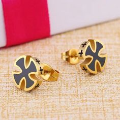 Gold Black Iron Cross Ear Stud Earrings Men's Punk Rock Jewelry Stainless Steel | eBay Punk Rock Jewelry, Mens Earrings Studs, Iron Cross, Cross Earrings Studs, Biker Jewelry, Daily Jewelry, Men Earrings, Mens Gold, Black Iron