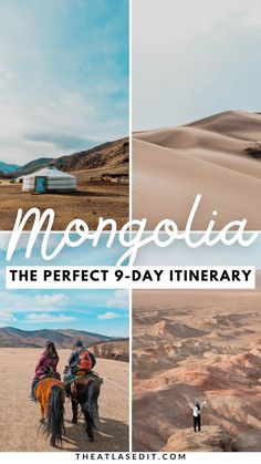 two people riding horses in the desert with text overlay that reads monologia the perfect 3 - day itinerary