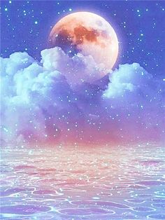 an ocean scene with the moon in the sky and stars above it, as well as clouds